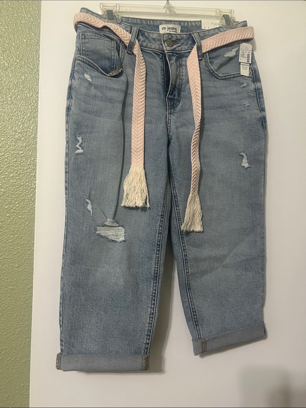 Maurices Light Wash Distressed Cropped Jeans with light colored Woven Belt